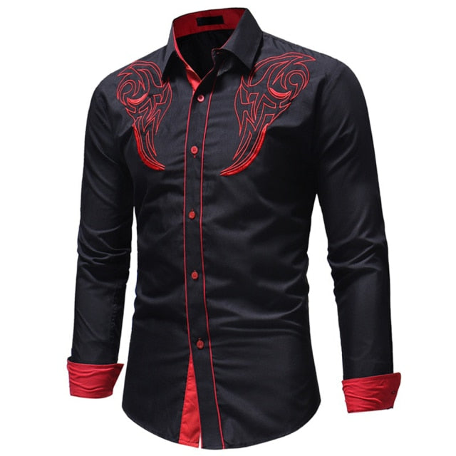 Fashion Men&#39;s Embroidered Western Shirt Long Sleeve Slim Casual Shirt