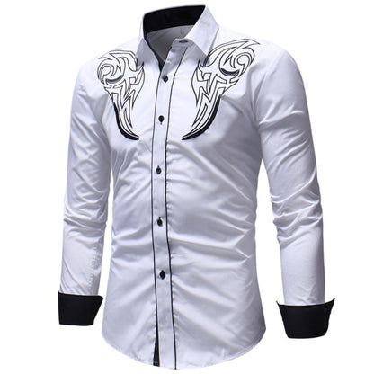 Fashion Men&#39;s Embroidered Western Shirt Long Sleeve Slim Casual Shirt