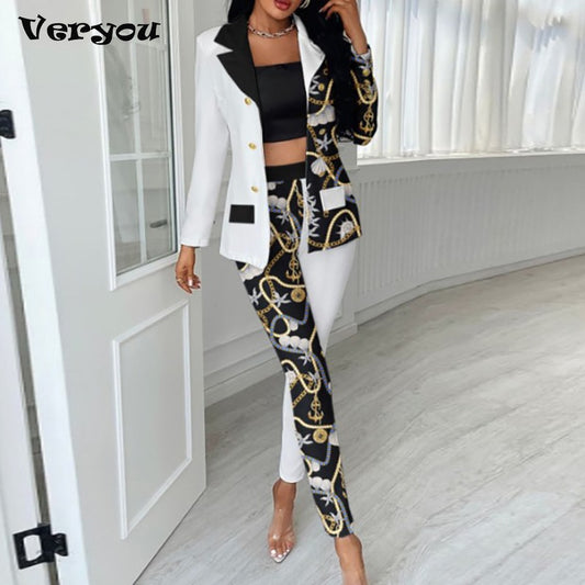 2021 Spring Women New Street Casual Style Set Long Sleeve Lapel Top Elastic Long Pants Fashion Stitching Printing Two Piece Sets