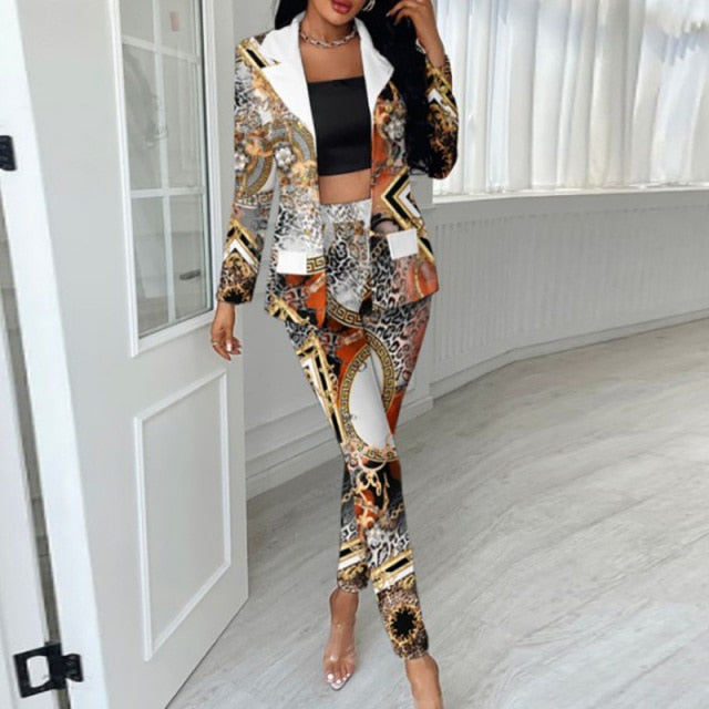 2021 Spring Women New Street Casual Style Set Long Sleeve Lapel Top Elastic Long Pants Fashion Stitching Printing Two Piece Sets