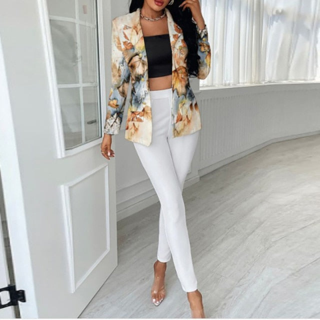 2021 Spring Women New Street Casual Style Set Long Sleeve Lapel Top Elastic Long Pants Fashion Stitching Printing Two Piece Sets