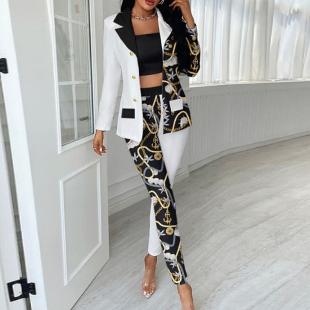 2021 Spring Women New Street Casual Style Set Long Sleeve Lapel Top Elastic Long Pants Fashion Stitching Printing Two Piece Sets