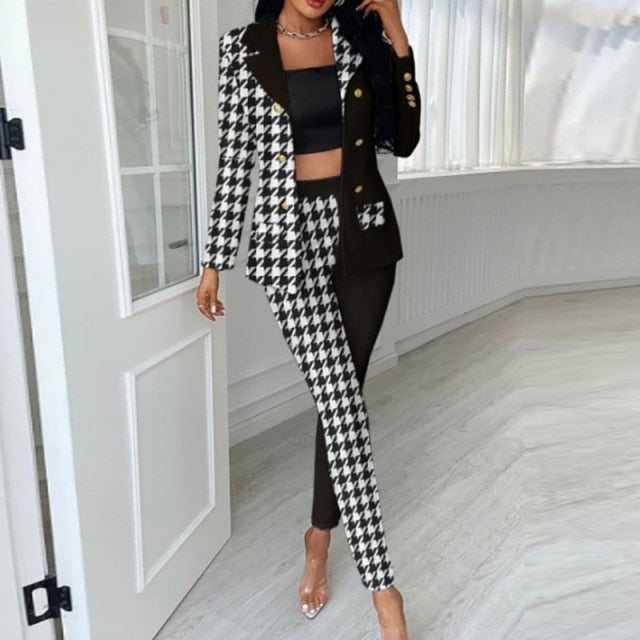 2021 Spring Women New Street Casual Style Set Long Sleeve Lapel Top Elastic Long Pants Fashion Stitching Printing Two Piece Sets