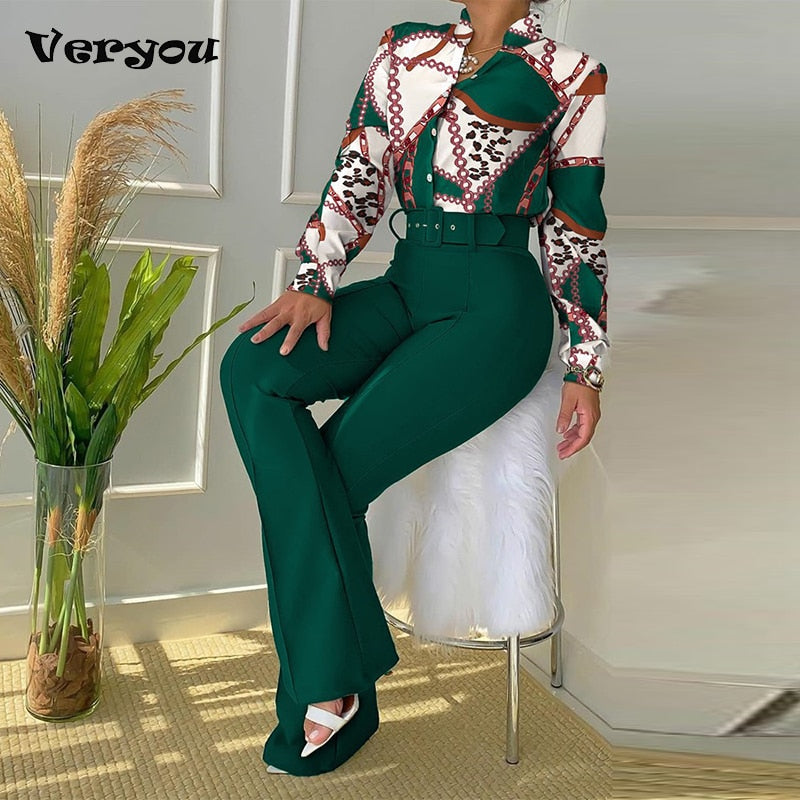 Office Fashion Suit Vintage Floral Print Button Blouse and High Waist Pants Outfits Spring Autumn Casual Long Sleeve Women Sets