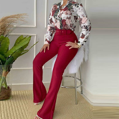 Office Fashion Suit Vintage Floral Print Button Blouse and High Waist Pants Outfits Spring Autumn Casual Long Sleeve Women Sets