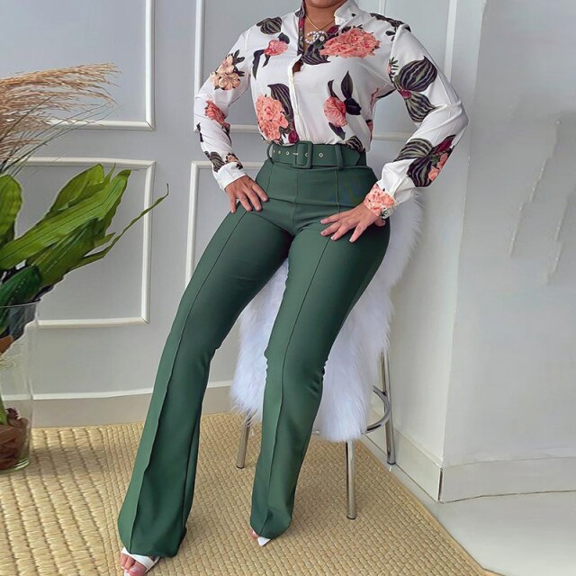 Office Fashion Suit Vintage Floral Print Button Blouse and High Waist Pants Outfits Spring Autumn Casual Long Sleeve Women Sets