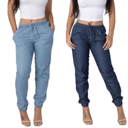 High Waist Jeans Women Drawstring Denim Pants Women Clothing Over Size Casual Pants Blue Retro Denim Trousers Casual Jeans Women