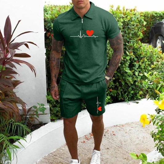 Men&#39;s Cotton Zipper Polo Short Sleeve Shirt Shorts 2-piece Set 2021 Summer Men&#39;s Lapel Solid Color Suit Fabric Sports Slim Fit