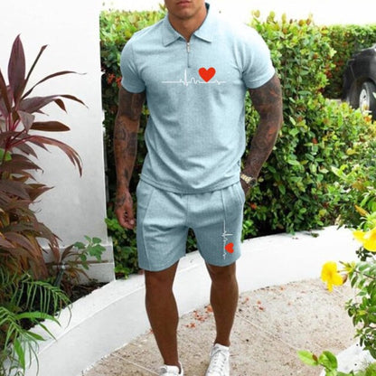 Men&#39;s Cotton Zipper Polo Short Sleeve Shirt Shorts 2-piece Set 2021 Summer Men&#39;s Lapel Solid Color Suit Fabric Sports Slim Fit