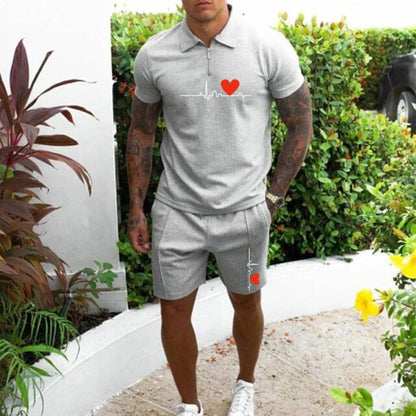 Men&#39;s Cotton Zipper Polo Short Sleeve Shirt Shorts 2-piece Set 2021 Summer Men&#39;s Lapel Solid Color Suit Fabric Sports Slim Fit