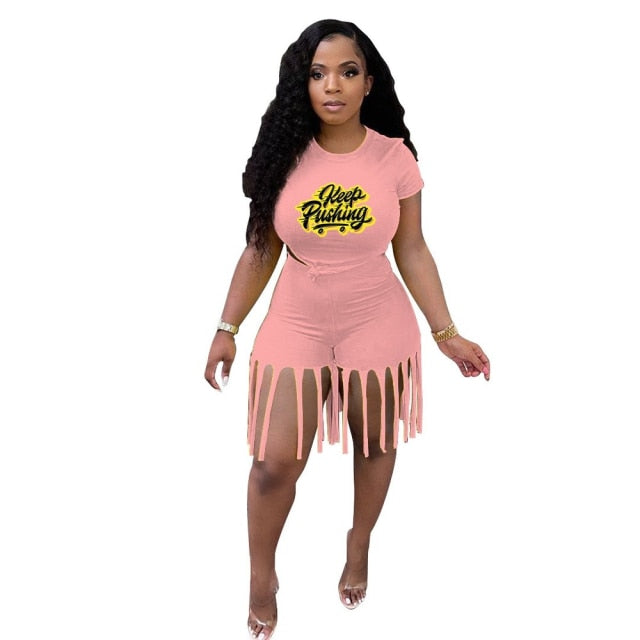 FAGADOER Plus Size Tassel Shorts Two Piece Sets S-5XL Women Letter Print Tshirt + Shorts Tracksuits Summer Female Casual Outfits