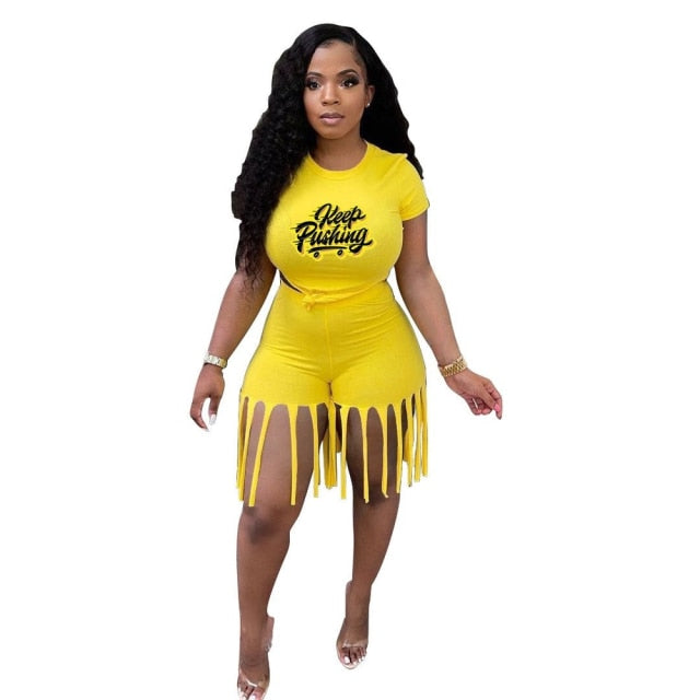 FAGADOER Plus Size Tassel Shorts Two Piece Sets S-5XL Women Letter Print Tshirt + Shorts Tracksuits Summer Female Casual Outfits