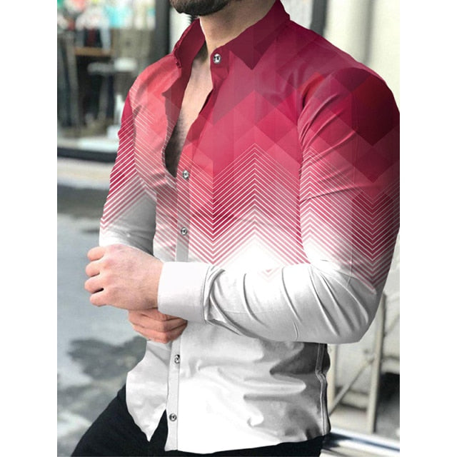 Fashion Men Shirts Turn-down Collar Buttoned Shirt Casual Designer Gradient Print Long Sleeve Tops Men&#39;s Clothing Prom Cardigan