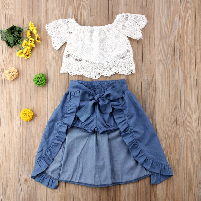 3Pcs Summer Girl Baby Kids Clothes Off-shoulder Ruffles T-shirt Top Shorts Princess Belt Skirt Party Outfits Hot Sale 1-5T