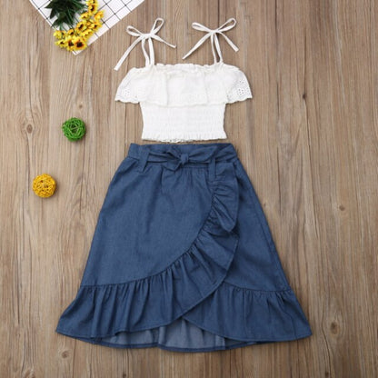 3Pcs Summer Girl Baby Kids Clothes Off-shoulder Ruffles T-shirt Top Shorts Princess Belt Skirt Party Outfits Hot Sale 1-5T