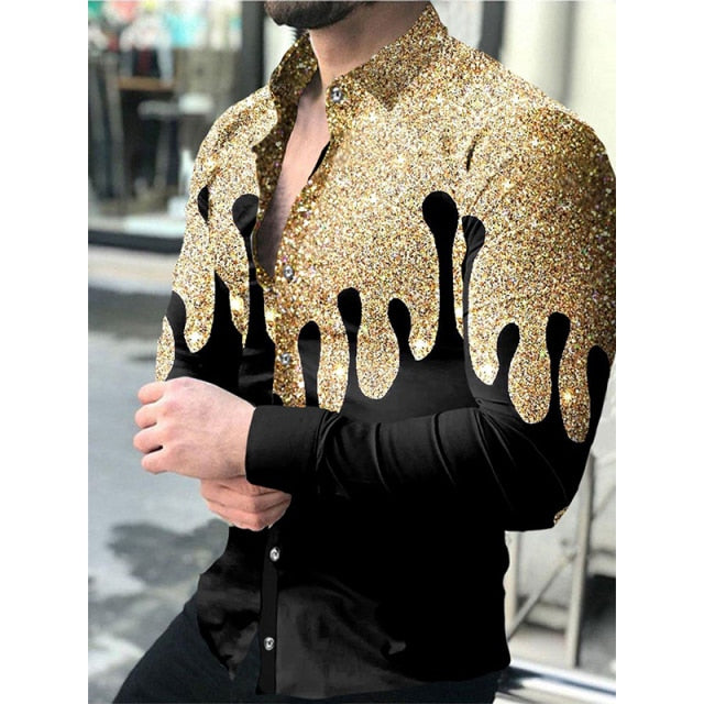 Autumn Fashion Men Shirts Turn-down Collar Buttoned Shirt Casual Quicksand Print Long Sleeve Tops Men&#39;s Clothing Prom Cardigan