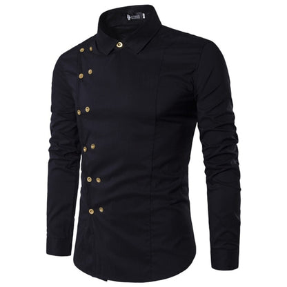 Four Seasons Shirts Men&#39;s Personality Oblique Buckle Irregular Double-breasted Men&#39;s Dress Shirts Men&#39;s Slim Shirts