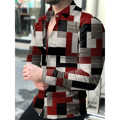 Fashion Social Men Shirts Turn-down Collar Buttoned Shirt Casual Lattice Print Long Sleeve Tops Mens Clothes Prom Party Cardigan