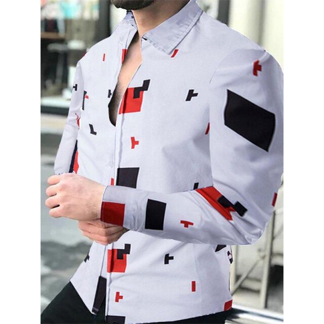 Fashion Social Men Shirts Turn-down Collar Buttoned Shirt Casual Lattice Print Long Sleeve Tops Mens Clothes Prom Party Cardigan