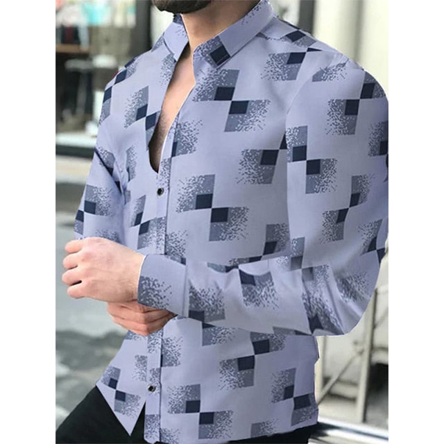 Fashion Social Men Shirts Turn-down Collar Buttoned Shirt Casual Lattice Print Long Sleeve Tops Mens Clothes Prom Party Cardigan