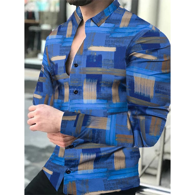 Fashion Social Men Shirts Turn-down Collar Buttoned Shirt Casual Lattice Print Long Sleeve Tops Mens Clothes Prom Party Cardigan