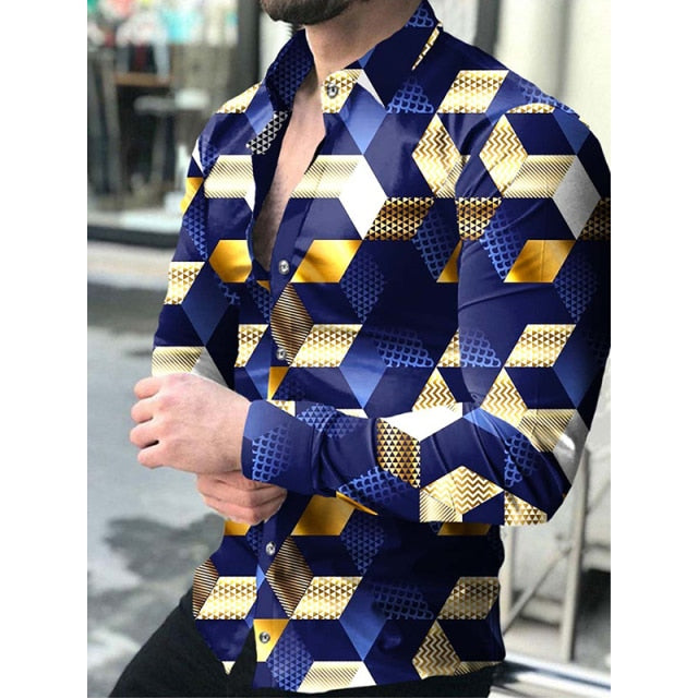 Fashion Social Men Shirts Turn-down Collar Buttoned Shirt Casual Lattice Print Long Sleeve Tops Mens Clothes Prom Party Cardigan