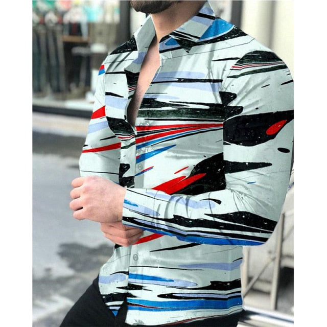 Fashion Social Men Shirts Turn-down Collar Buttoned Shirt Casual Lattice Print Long Sleeve Tops Mens Clothes Prom Party Cardigan