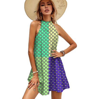 Women&#39;s Mini Halter Dress 2022 Summer Letter Print Off Shoulder Tie Back Sleeveless Dresses Elegant Party Beach Holiday Sundress