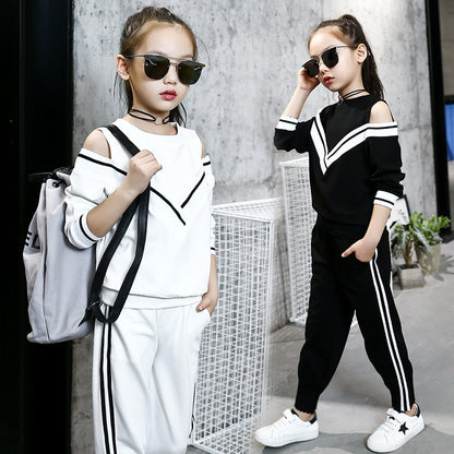 Fashion Big Girls Sports Suits Off Shoulder Black and White Clothing Set for Teenage Autumn Tracksuit Kids Plus Size Sportswear