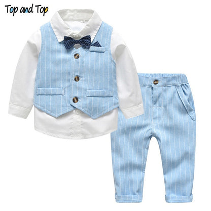 Top and Top Spring&Autumn Baby Boy Gentleman Suit White Shirt with Bow Tie+Striped Vest+Trousers 3Pcs Formal Kids Clothes Set