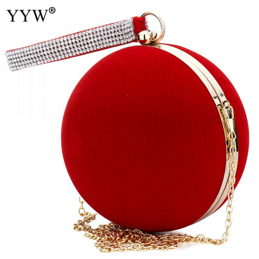 YYW Unique Velvet Iron-On Lady Handbag Red Shoulder Clutch Bag Spherical Evening Bags Small Purse Chain Shoulder Bolsos Mujer