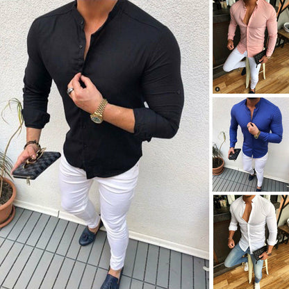 2019 Hot Fashion Men's Linen Cotton Button Long Sleeve Slim Fitness Shirt Slim Fit Casual Male Shirts Pure Color Blouse Tops