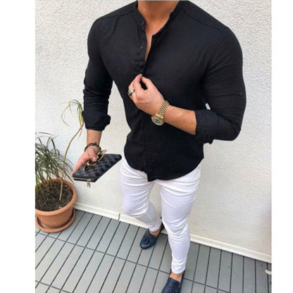 2019 Hot Fashion Men's Linen Cotton Button Long Sleeve Slim Fitness Shirt Slim Fit Casual Male Shirts Pure Color Blouse Tops